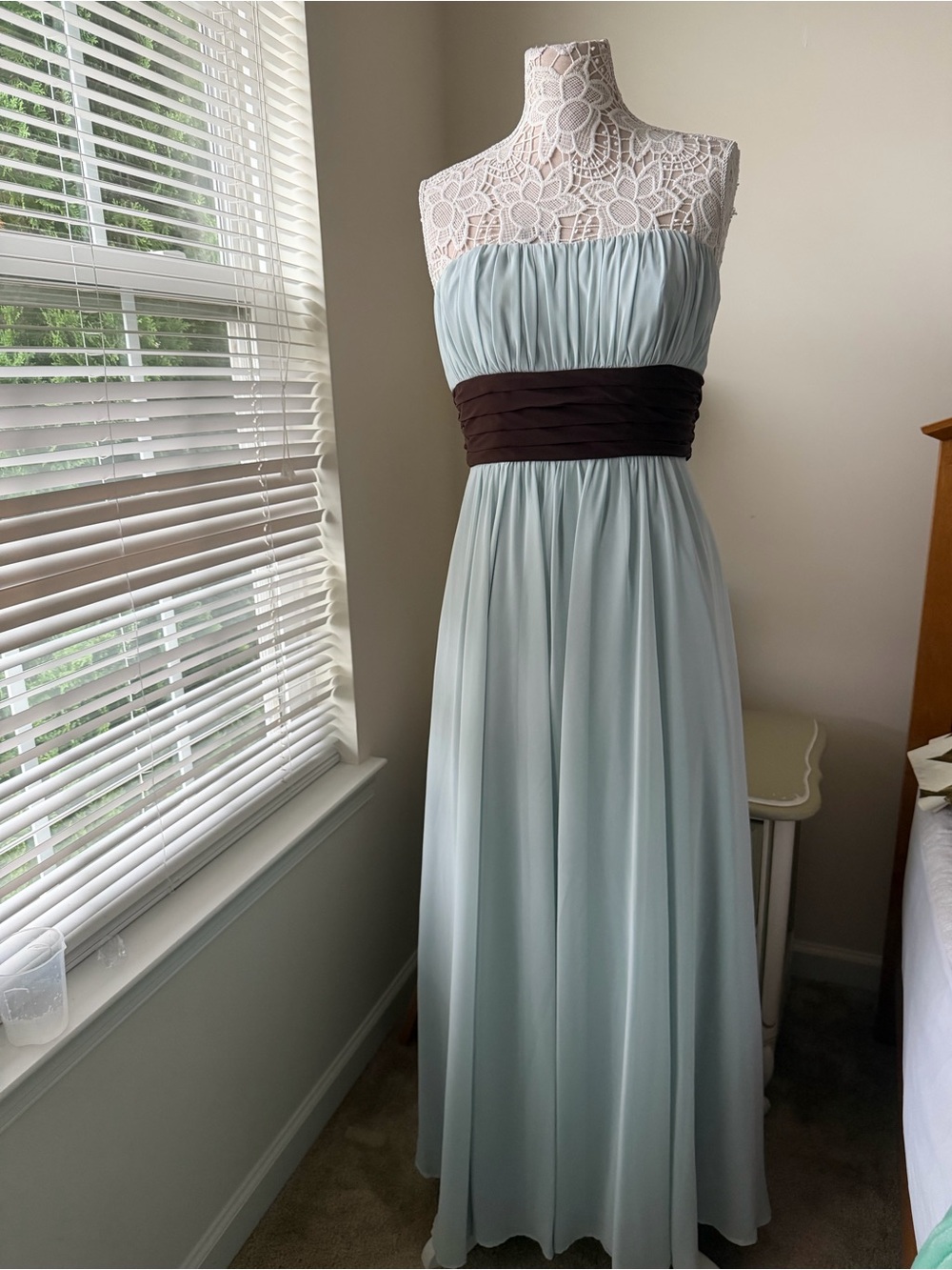 EUC Alexia Designs Bridesmaids Strapless Robins Egg Blue Chiffon Gown Brown Sash